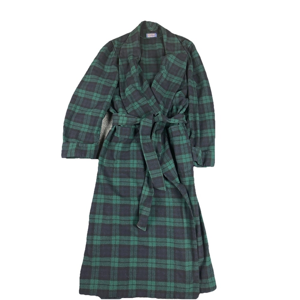 Pendleton Men's Plaid 100% Wool Robe L Classic Blue Green Tartan Loungewear
